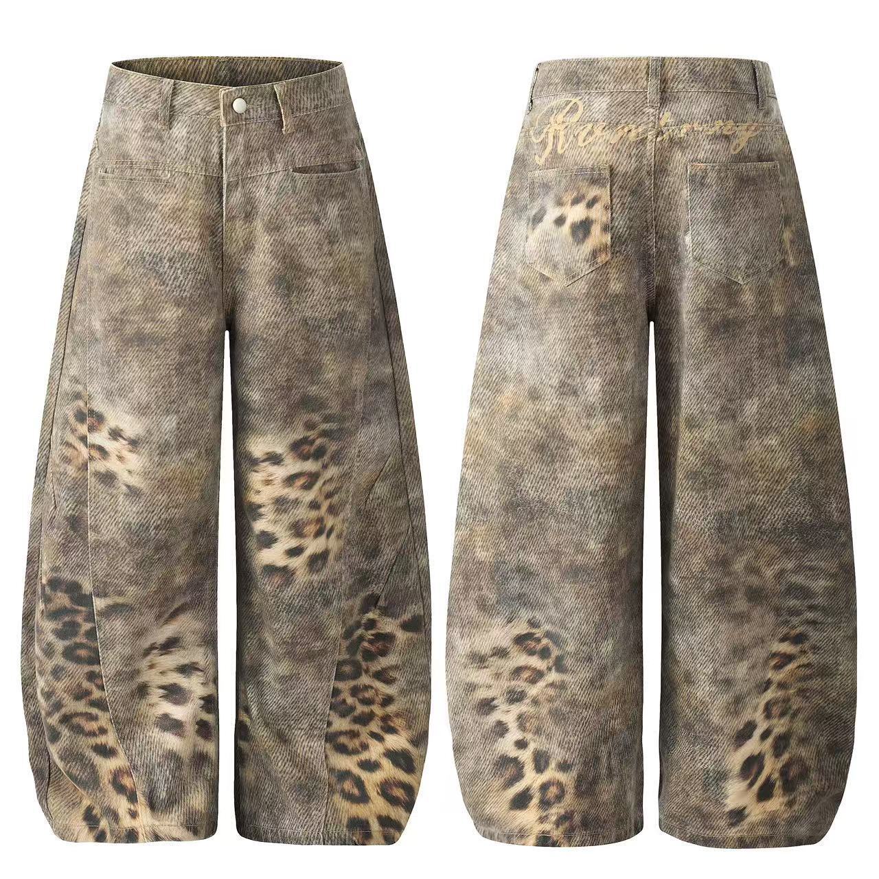 Front and back view of wide-leg leopard wash denim jeans with vintage print and script logo embroidery