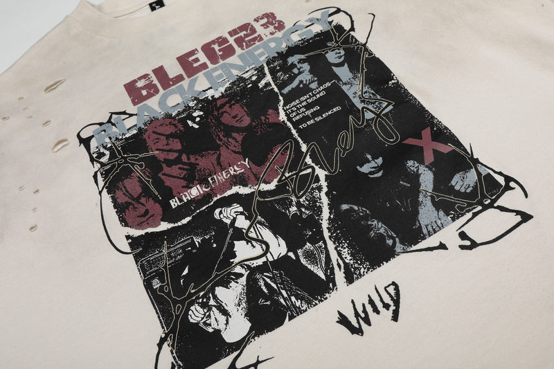 Vintage distressed Seakoff Wild Noise graphic tee with Black Energy band collage print on cream cotton