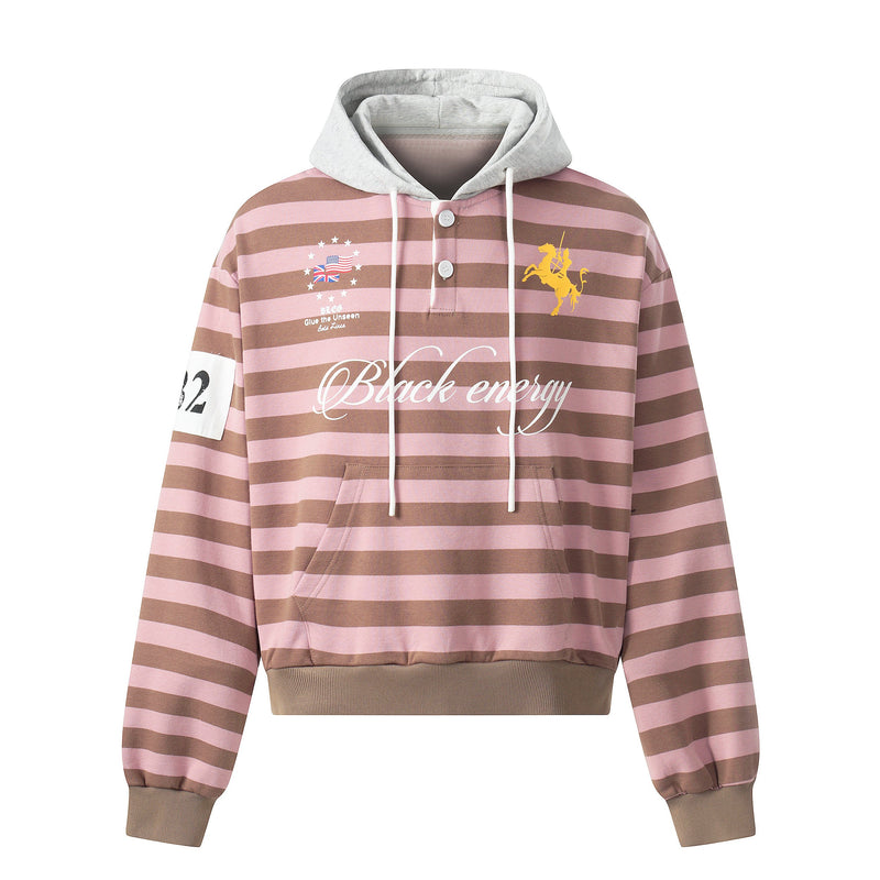 Front view of striped hoodie in pink and brown with grey hood and front graphic print