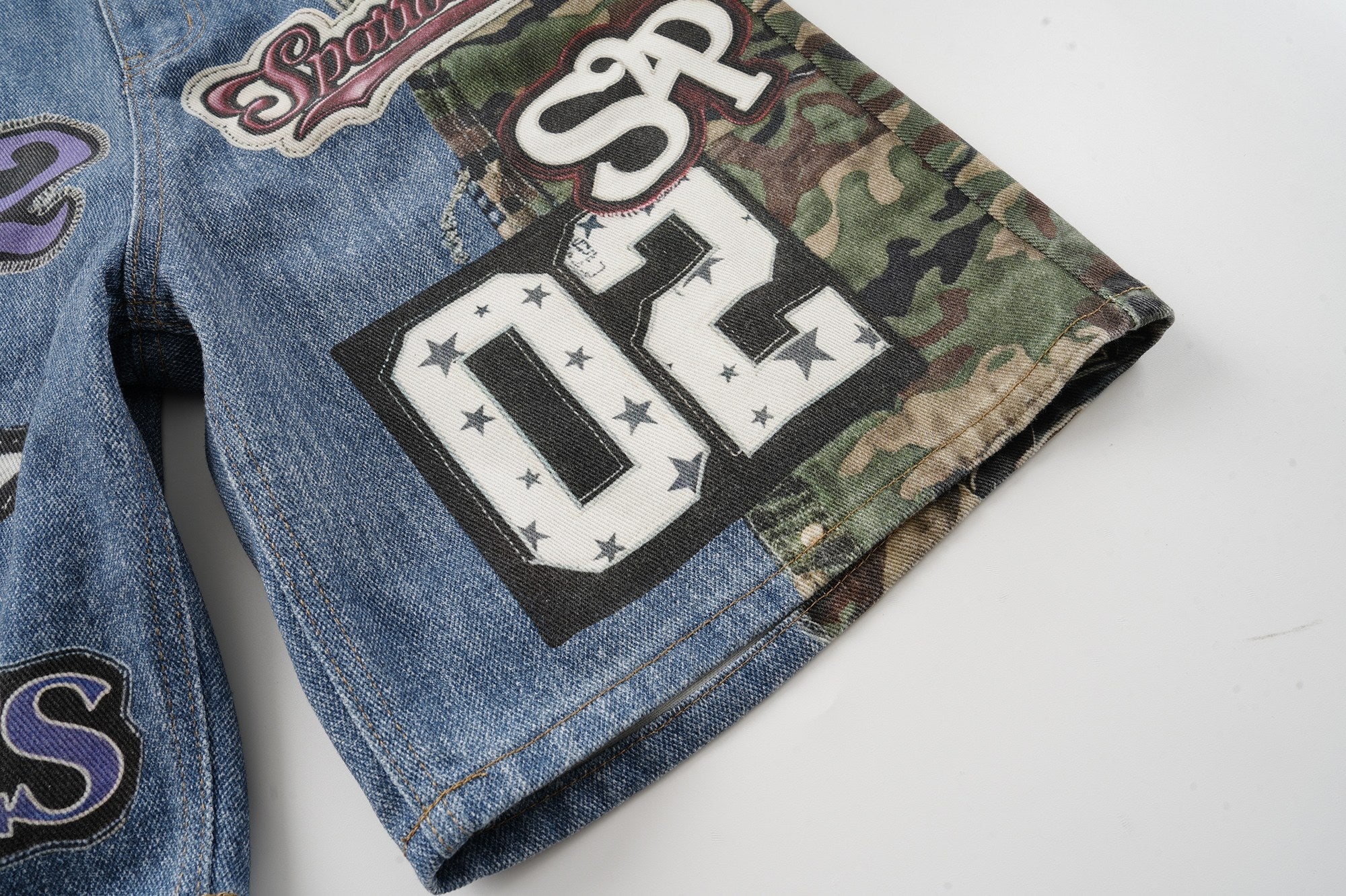 Camo Patch Denim Jorts | Y2K Varsity Streetwear Shorts