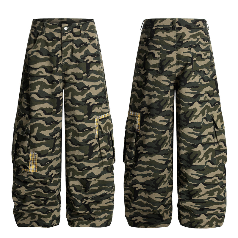 Front and back view of green camo wide-leg cargo pants with yellow plaid-trim pocket detailing