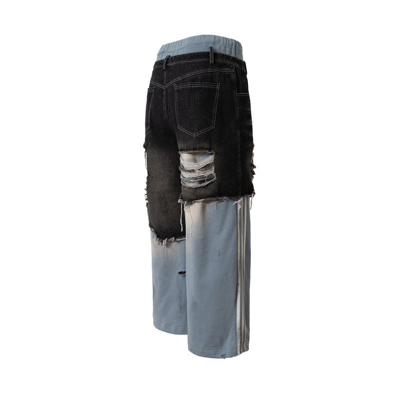 Omirad Dual-Tone Distressed Patchwork Barrel-Leg Jeans