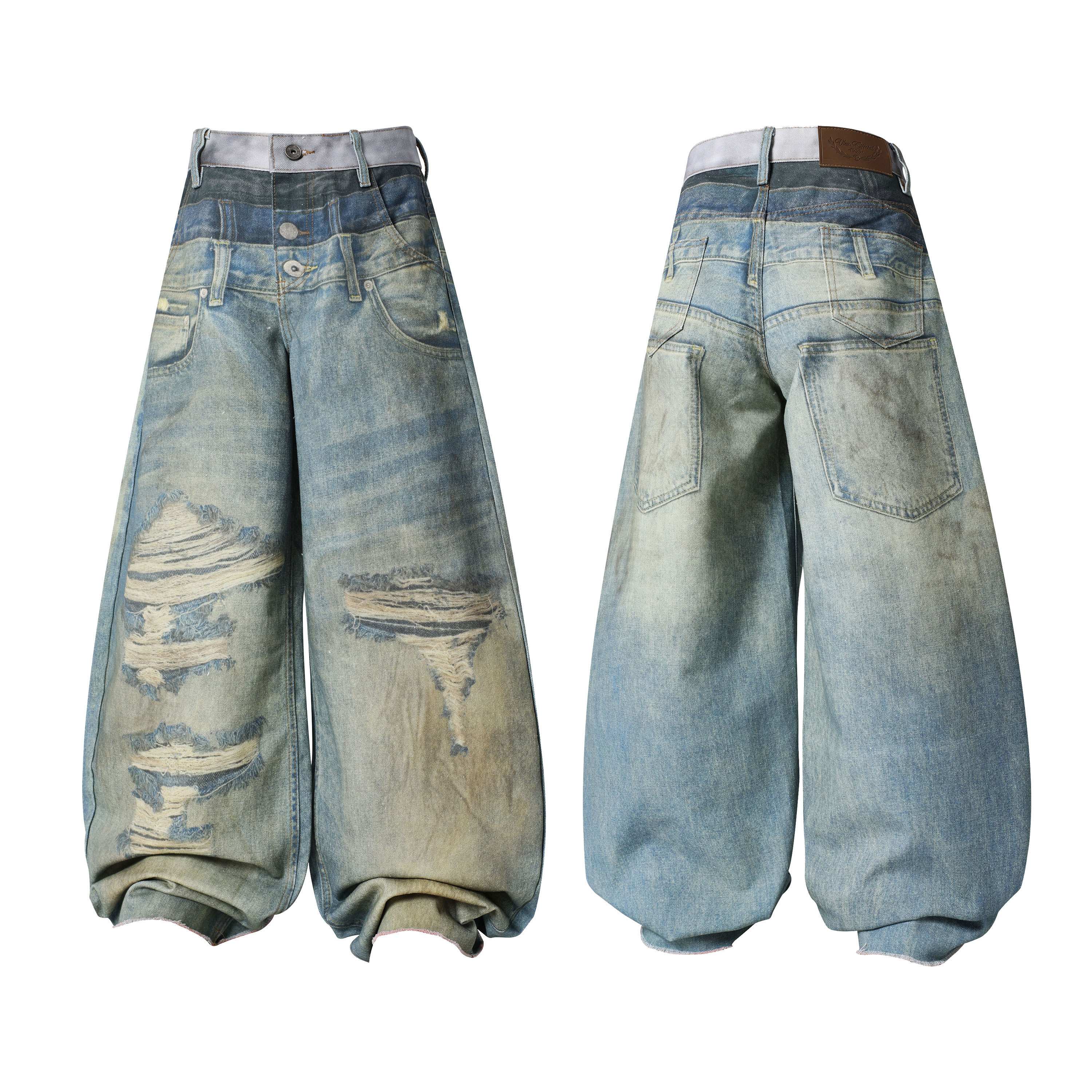 Front and back view of heavily distressed wide-leg balloon jeans with layered waist panel and vintage fade wash