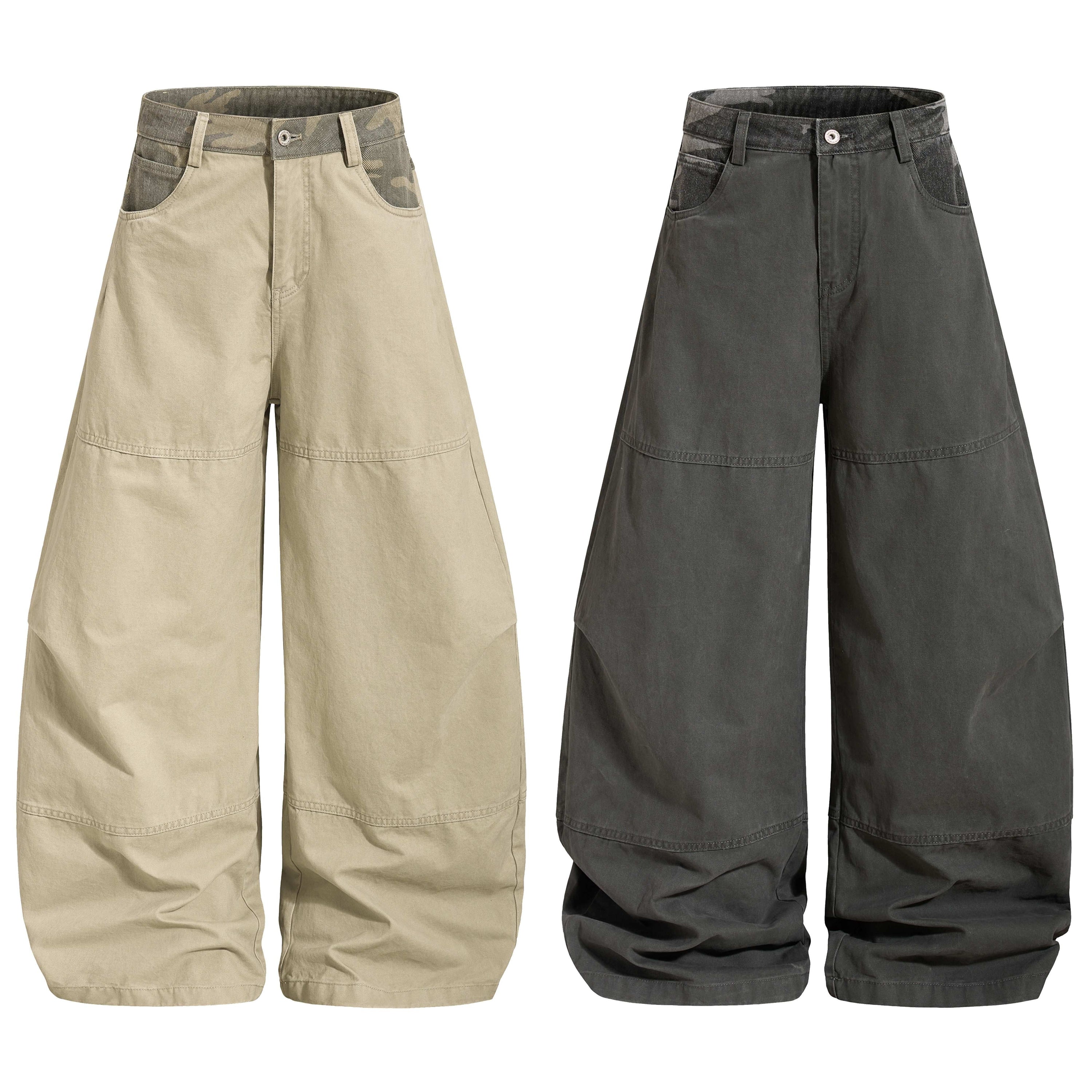 Omirad balloon wide-leg pants in beige and charcoal grey with camo contrast waistband, front view