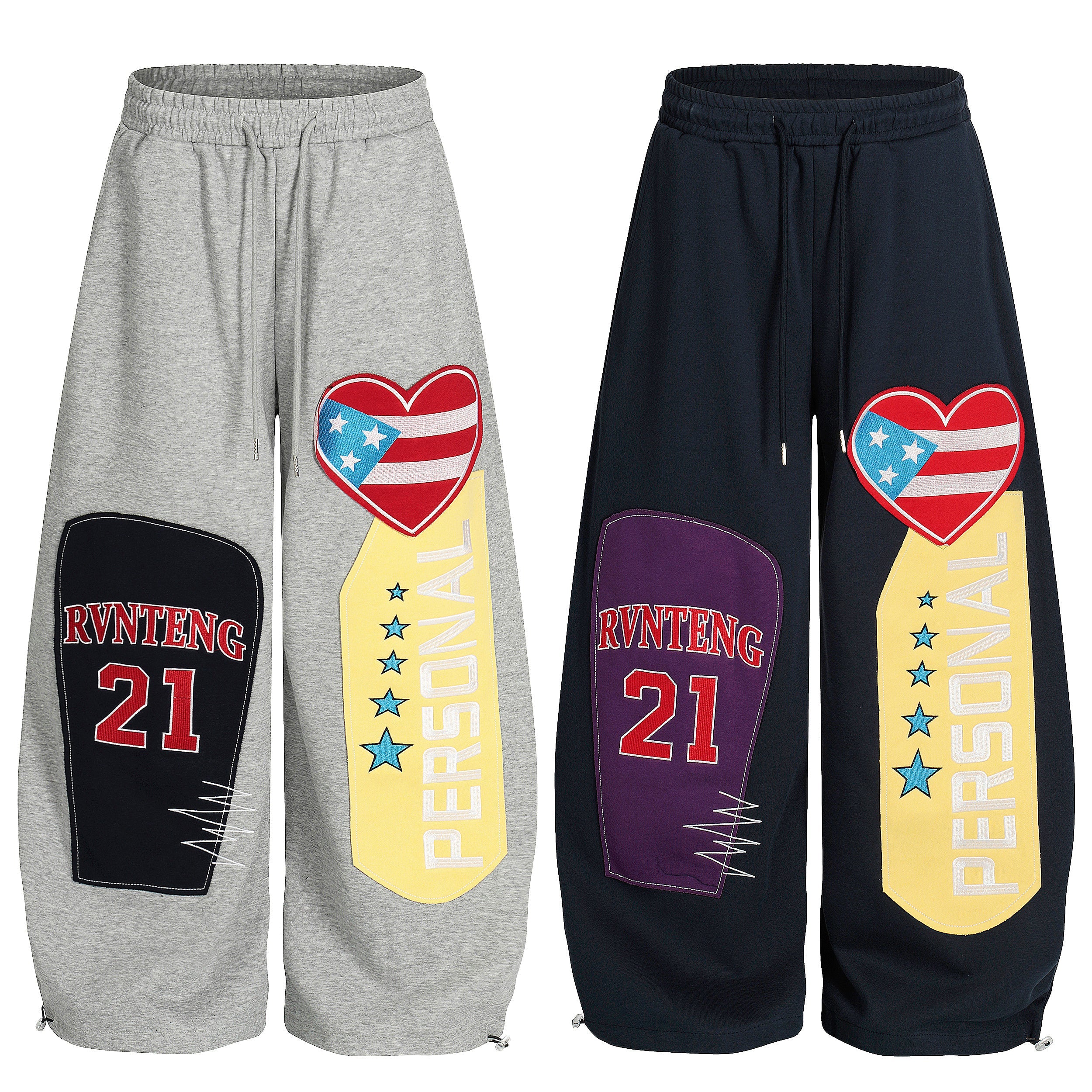 Omirad PERSONAL 21 patchwork wide-leg sweatpants in heather grey and navy with varsity appliqué patches and heart flag emblem