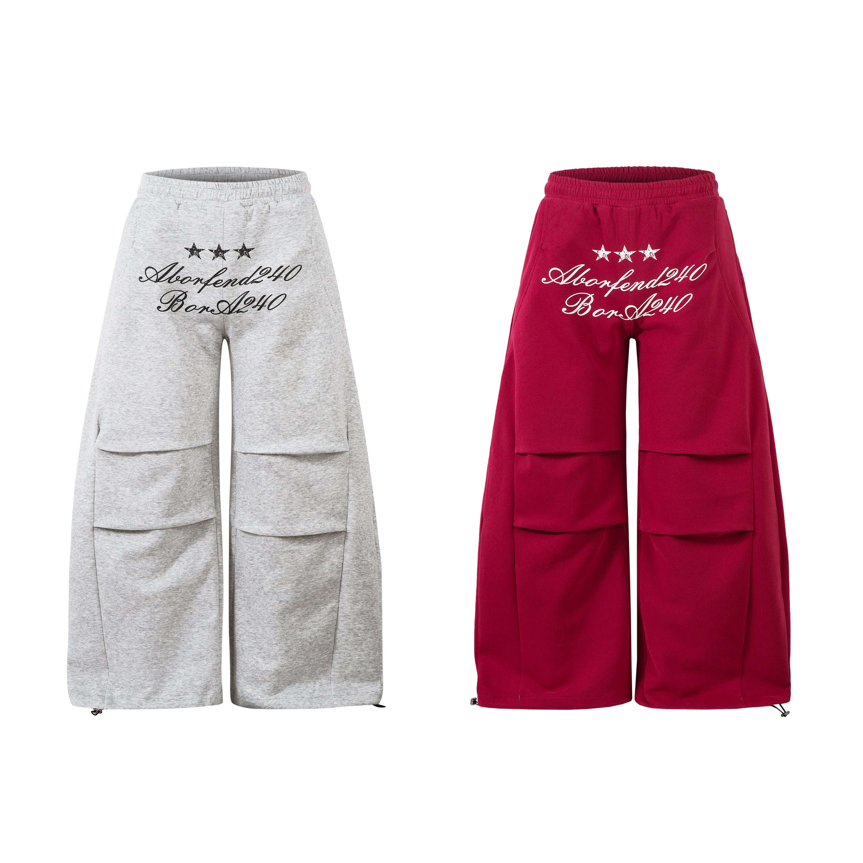 Front view of wide-leg cargo sweatpants in heather grey and burgundy with script embroidery and layered cargo pockets