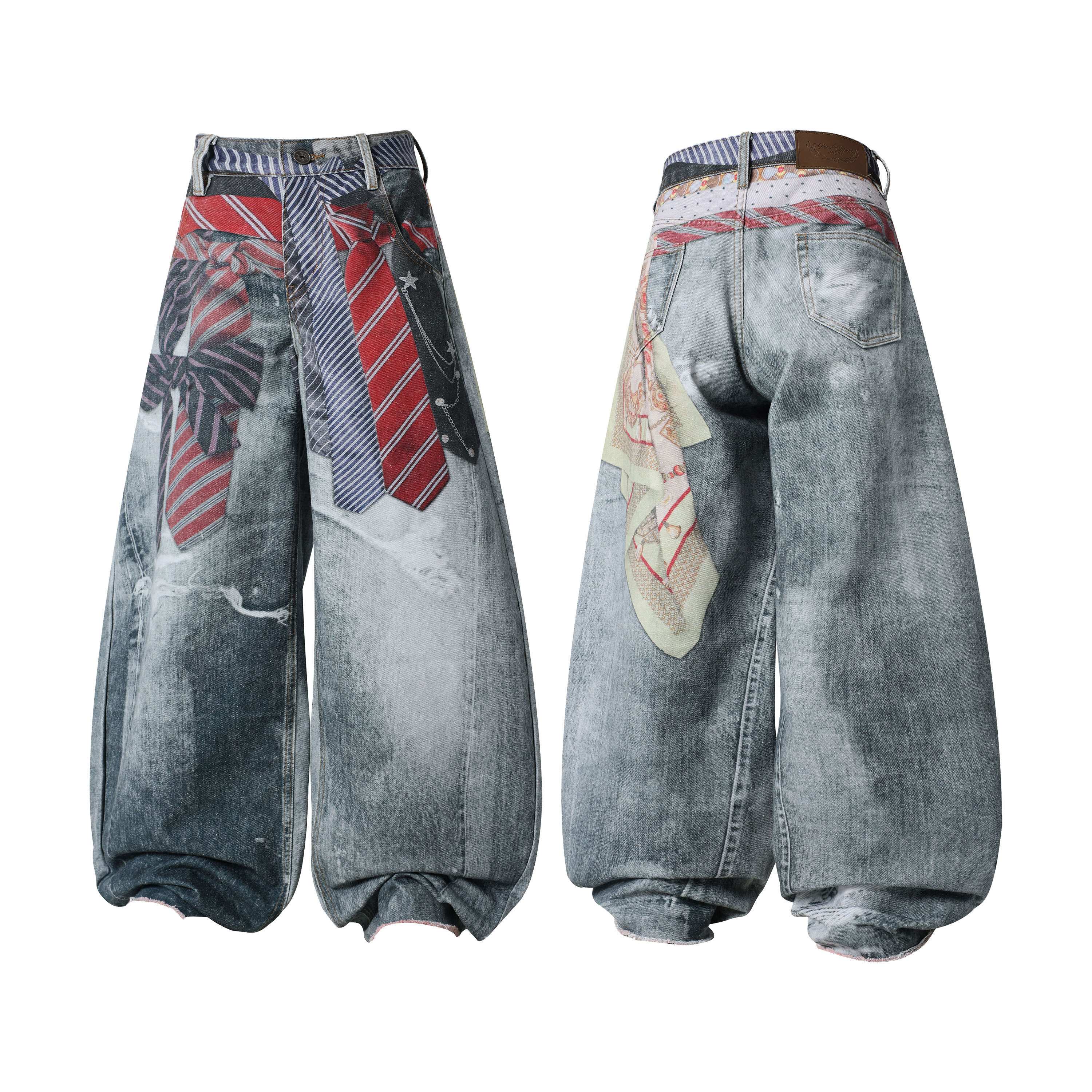 Front and back view of Omirad Tie Riot Balloon Jeans with necktie graphic print and distressed vintage denim wash