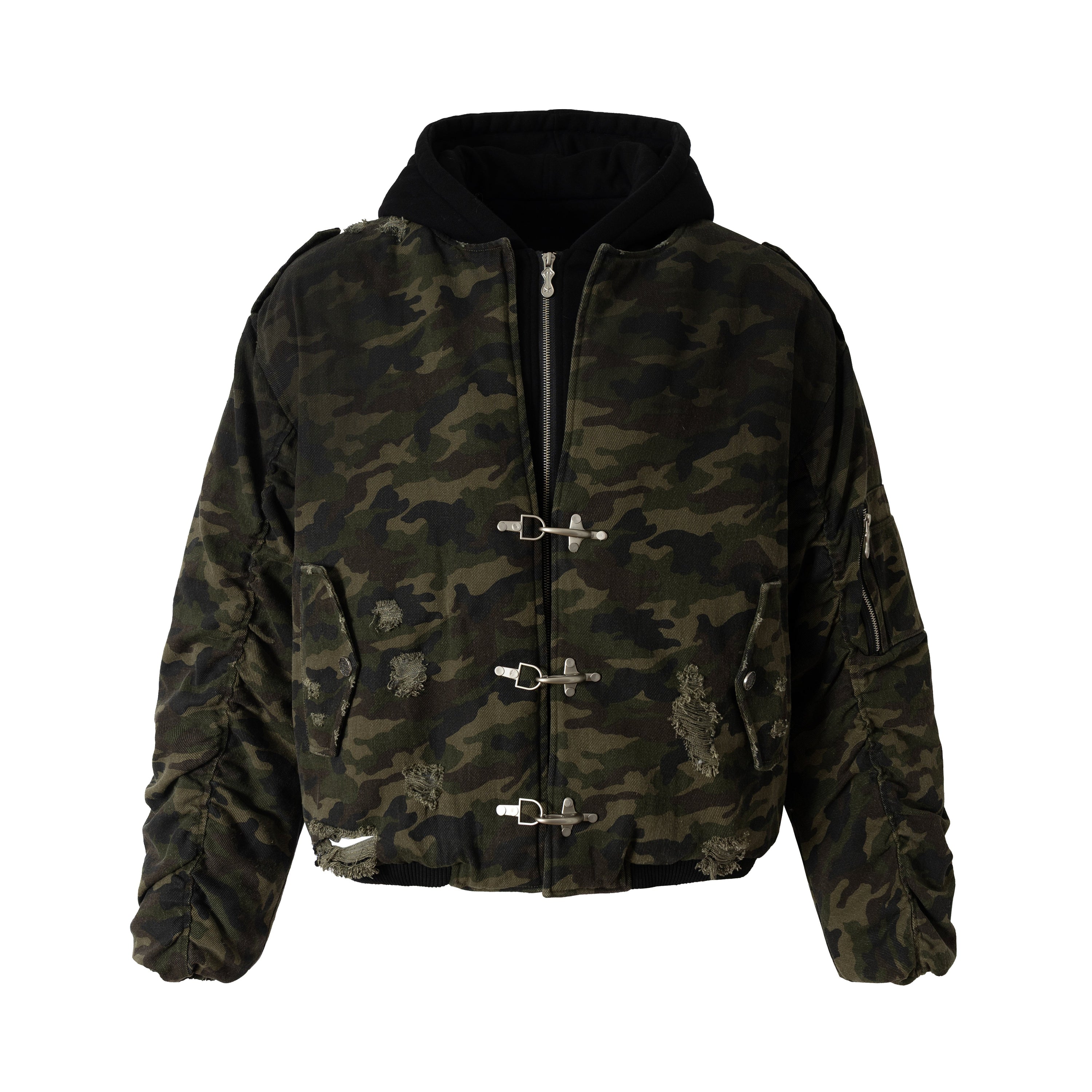Omirad Camo Hook Detail Distressed Bomber Jacket with Hood