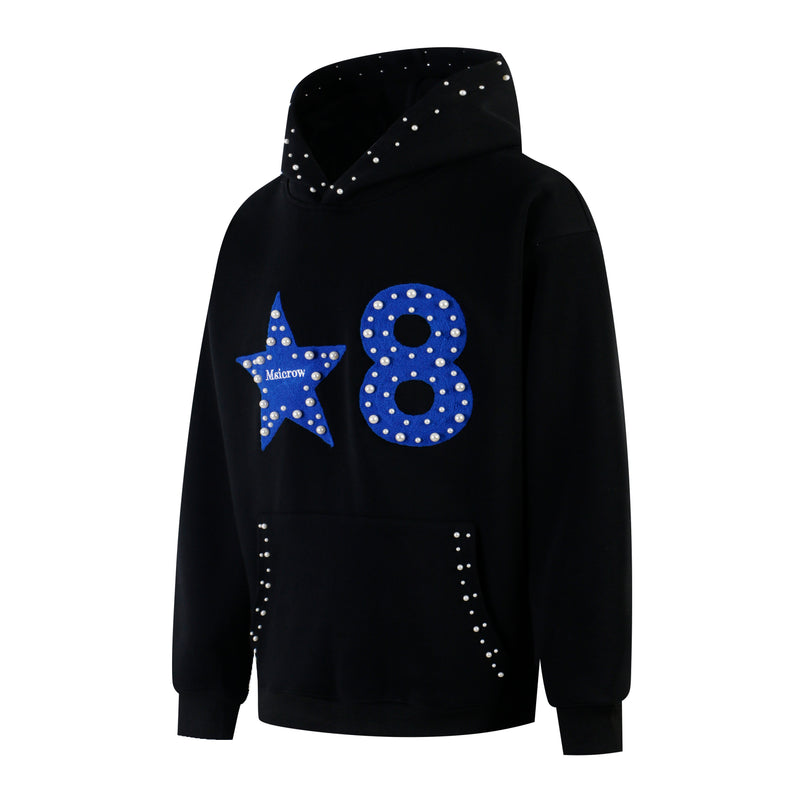 Front angled view of black pearl-studded hoodie with blue star and 8 graphic