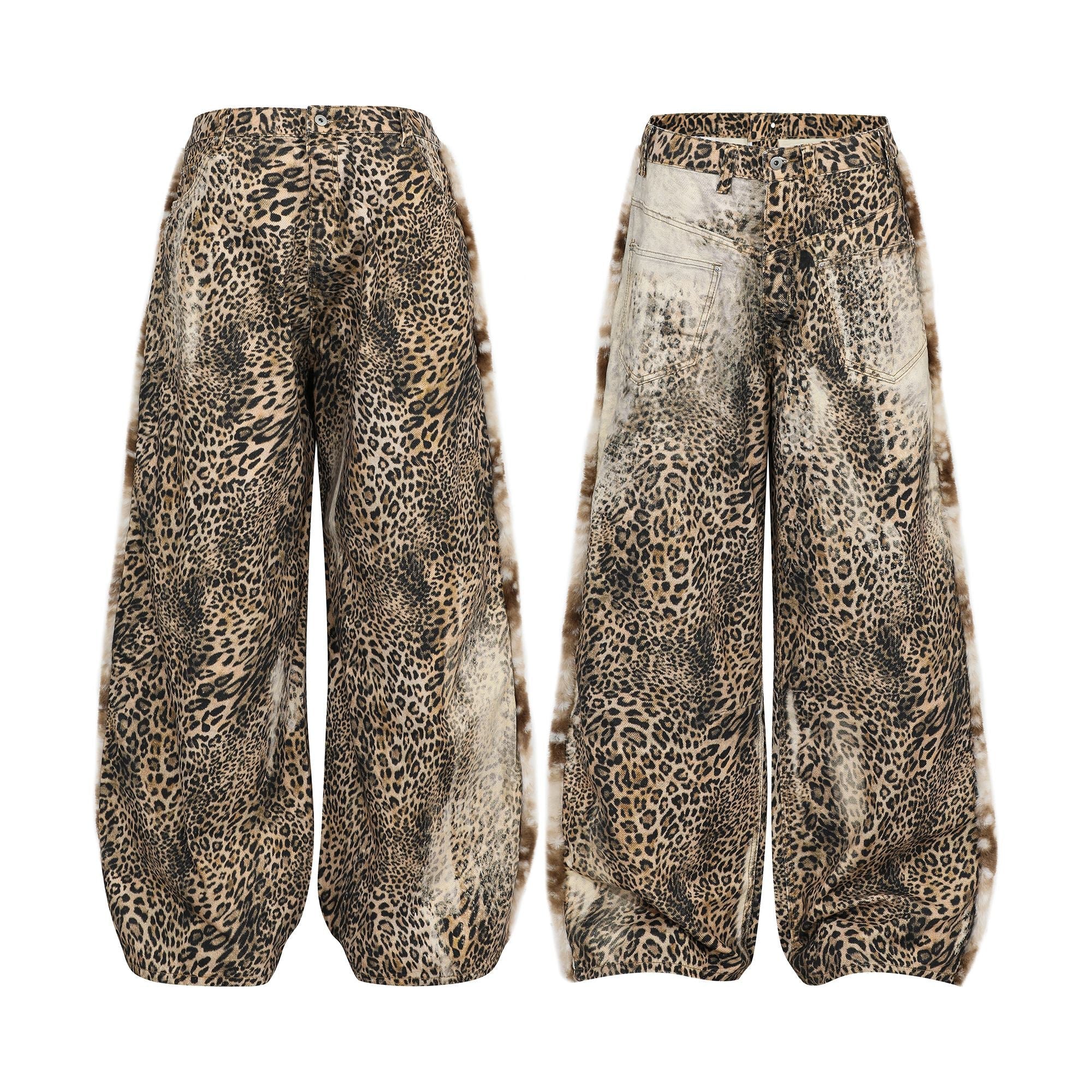 Front and back view of wide-leg leopard print jeans with fur-trim side panels and washed vintage effect