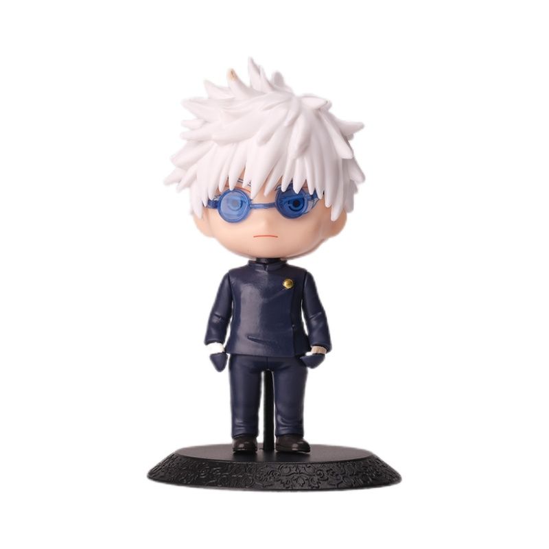 The Jujutsu Kaisen Gojo Satoru figure from the 10-Piece Action Figure Set features signature spiky white hair, blue glasses, navy outfit, and a black base. This 10cm anime collectible is perfect for fans and collectors.