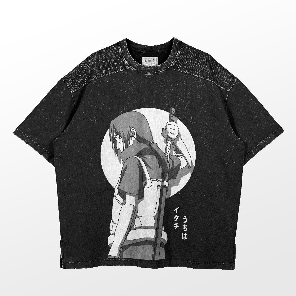 The Itachi Uchiha Monochrome T-Shirt by Naruto features a classic Shippuden design with an anime character wielding a sword against a white circle, enhanced with Japanese text and textured, slightly faded for added style.