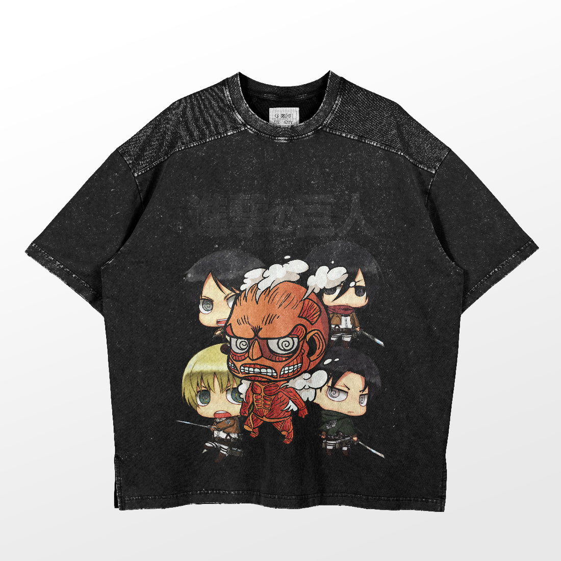 The Chibi Characters Attack on Titan T-Shirt features a speckled pattern on black fabric, showcasing mini characters like the Colossal Titan and others. Designed for anime fans, this cute anime design is perfect for any Attack on Titan enthusiast.