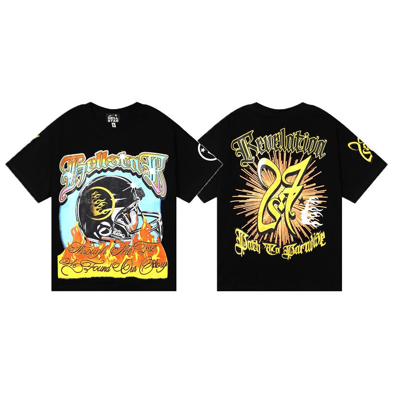 Hellstar Revolution 247 Shirt – 250GSM Cotton Black Hellstar T-Shirt with Flaming Helmet and Path to Paradise Graphic