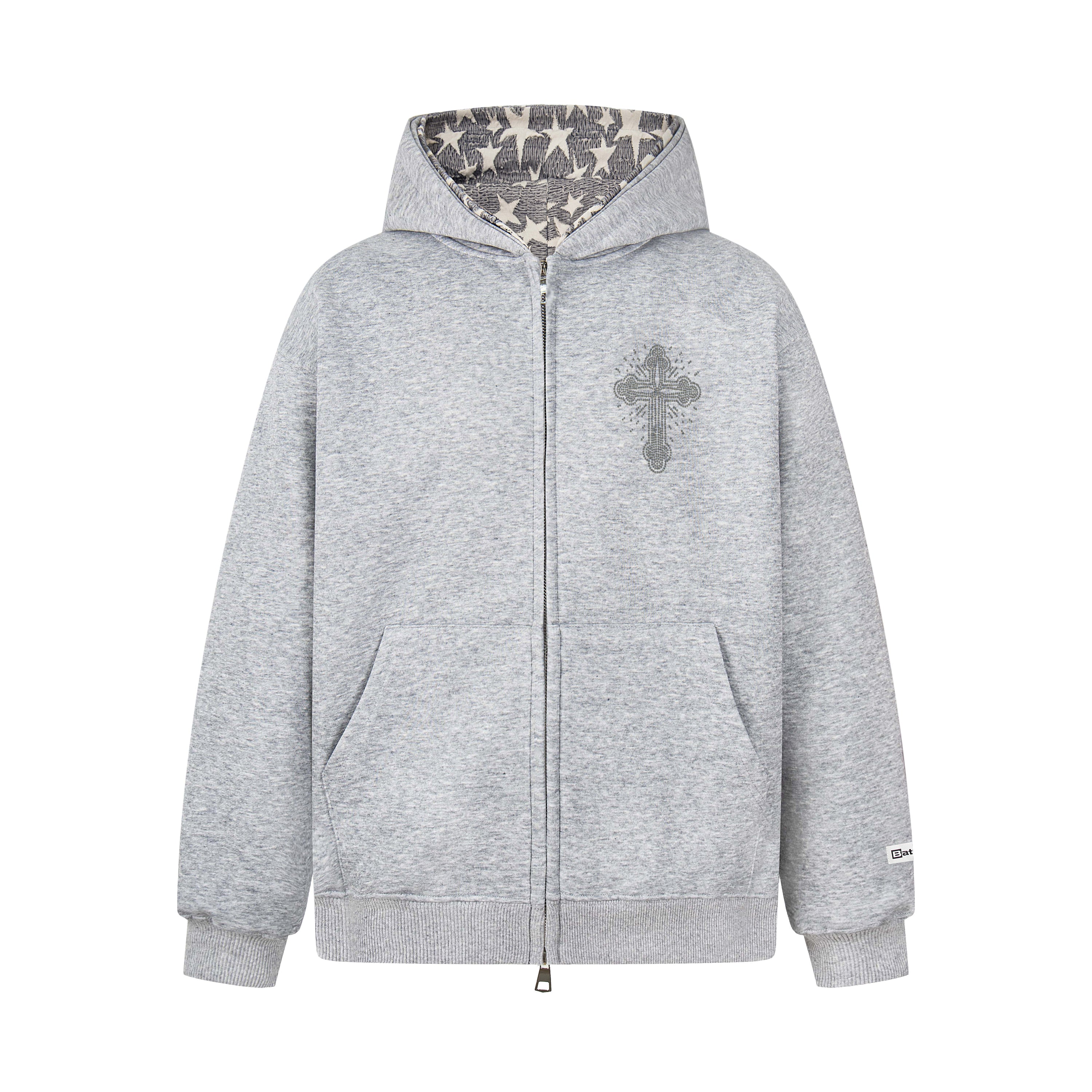 Rhinestone Cross Zip Hoodie | Streetwear Fleece Hoodie