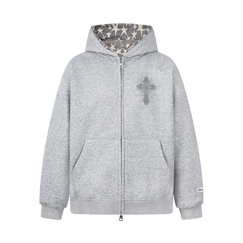 Light gray zip hoodie with rhinestone cross on chest and star-print hood lining, front view