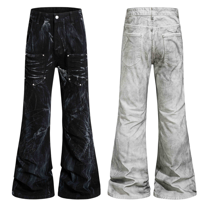 Black and light gray washed cargo flare jeans shown front and back