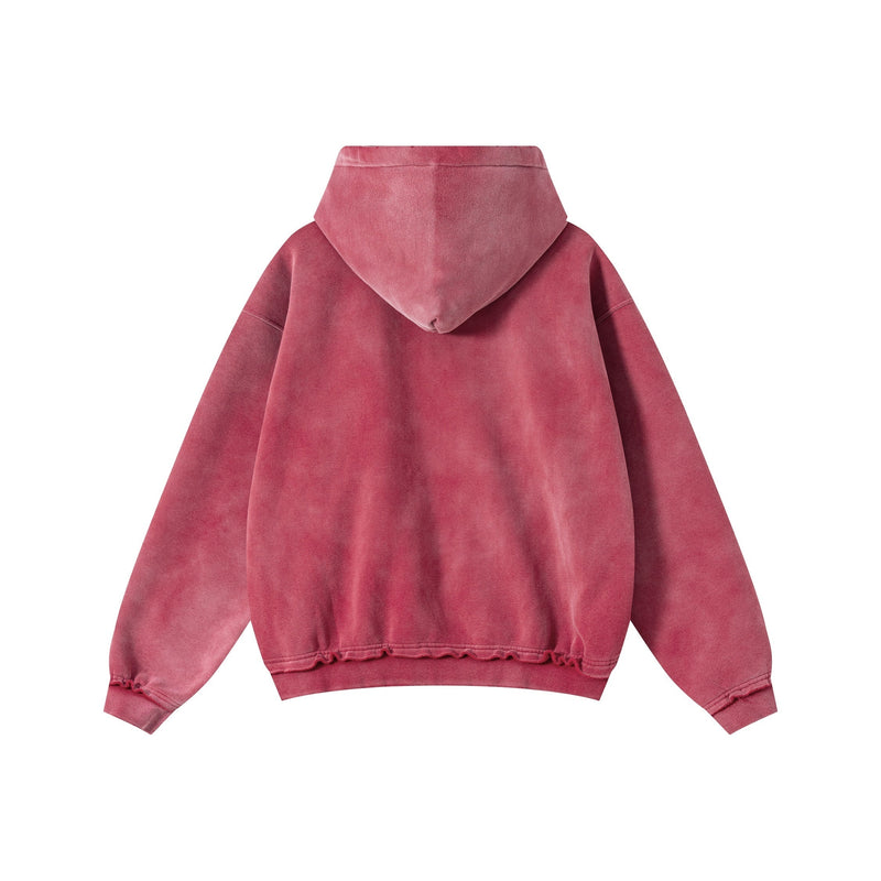 Pink vintage wash zip hoodie shown from the back