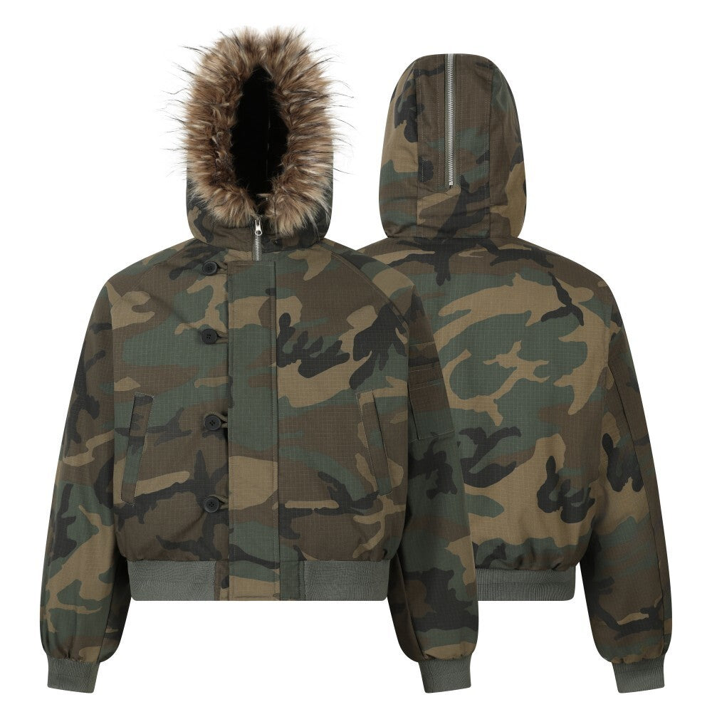 Camo Faux Fur Hood Cropped Bomber Jacket | Omirad