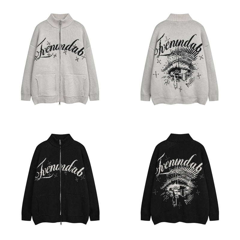 Four-view layout of the knit zip cardigan in light gray and black front and back