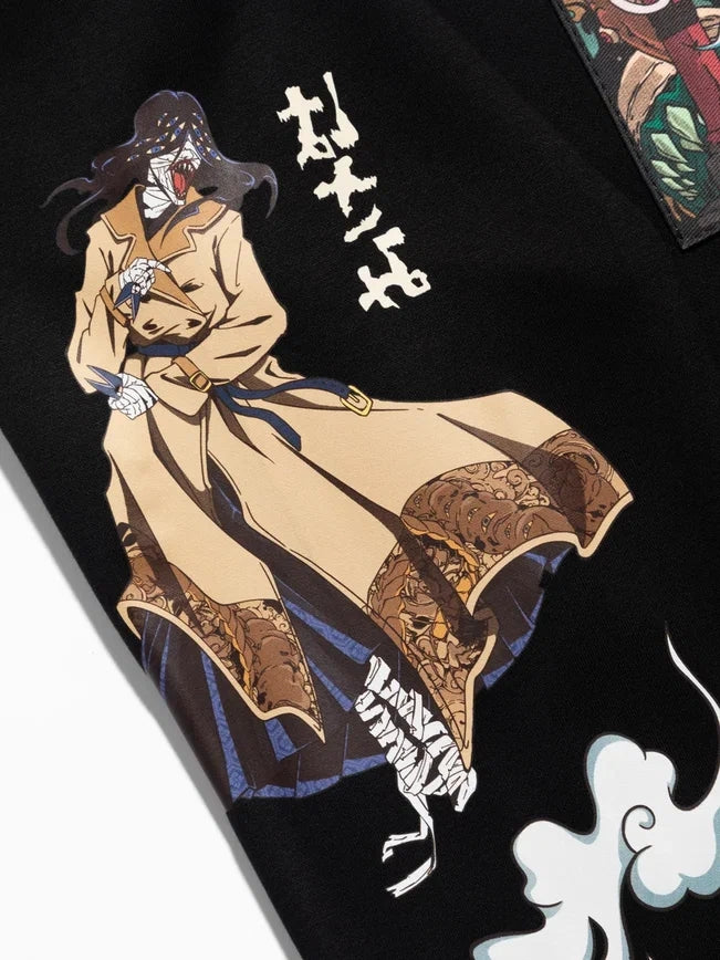 A character in a tan coat, blue skirt, and patterned leggings holds a sword with the style of the Jujutsu Kaisen Geto Suguru Anime Hoodie. With long hair and a mask, Japanese characters float above as decorative elements surround them.