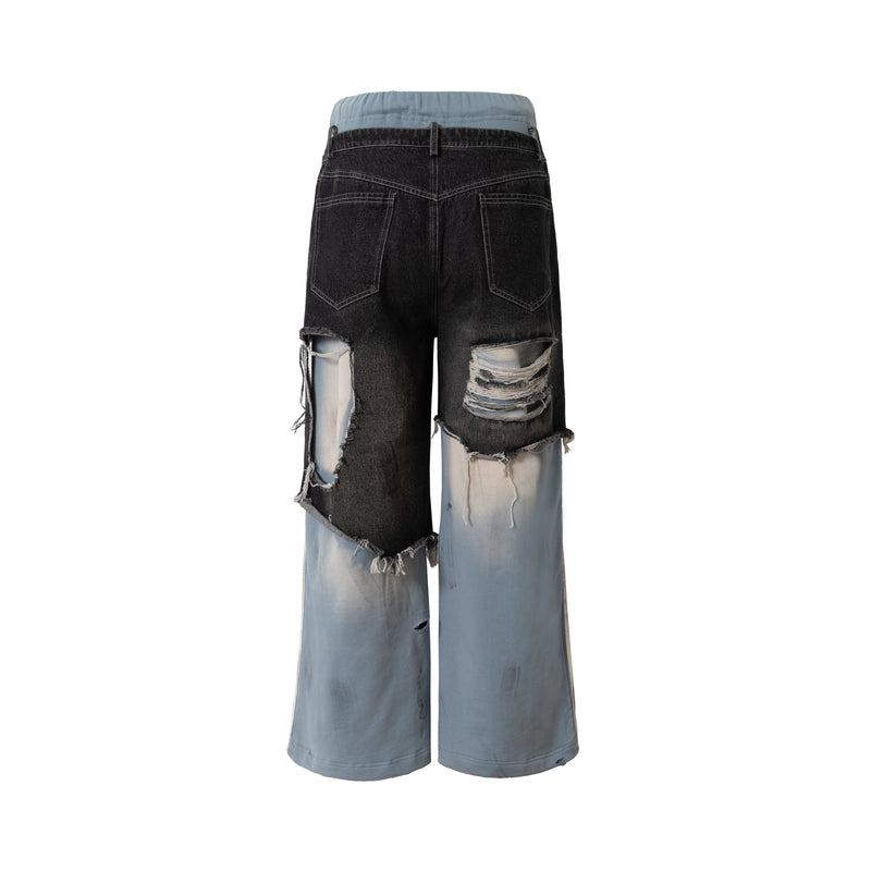 Omirad Dual-Tone Distressed Patchwork Barrel-Leg Jeans