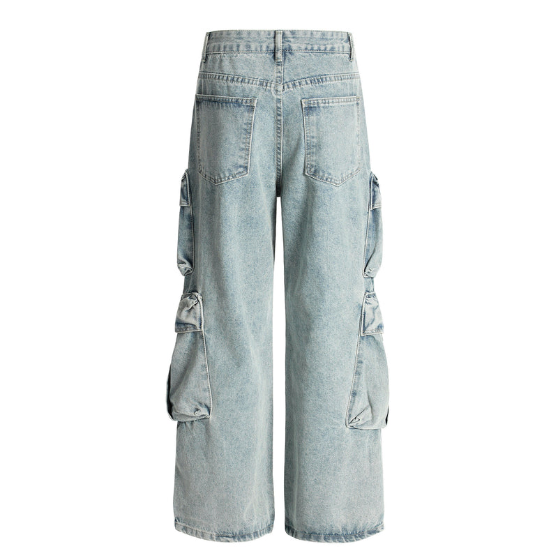 Light blue cargo jeans, back view with patch pockets and side flaps