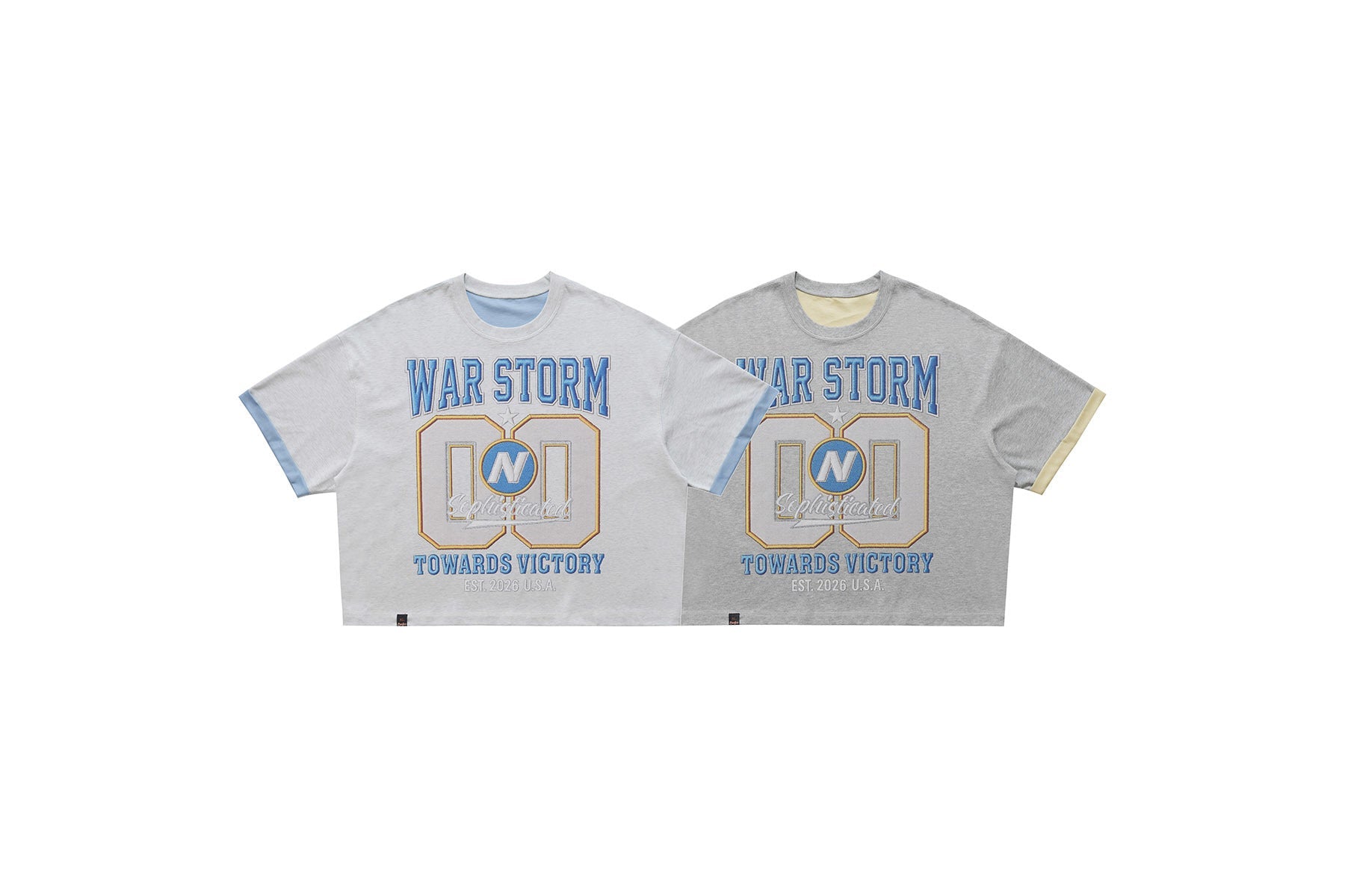 Omirad War Storm 00 graphic tee in heather grey with blue varsity embroidery and cream contrast sleeve trim