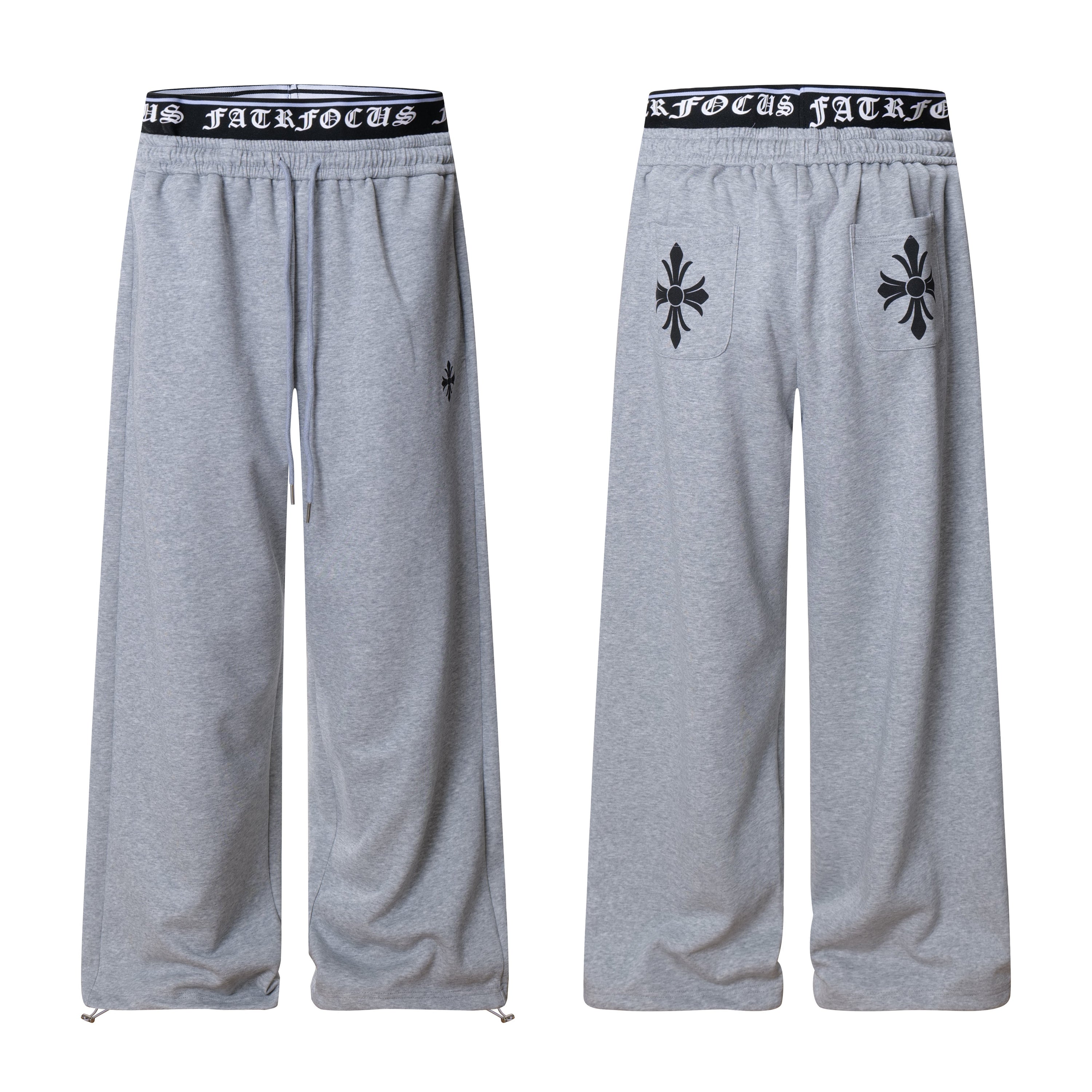Front and back view of grey wide-leg sweatpants with FATFOCUS gothic logo waistband and cross embroidery