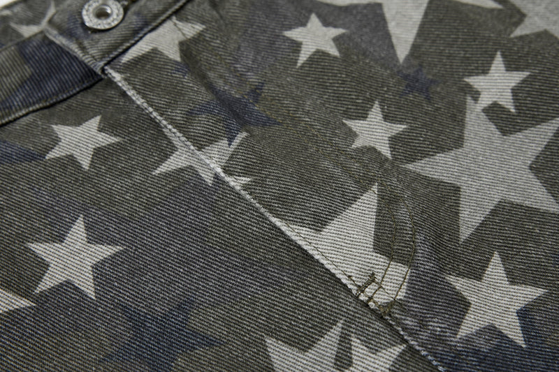 Close-up of star print denim seam detail with topstitching