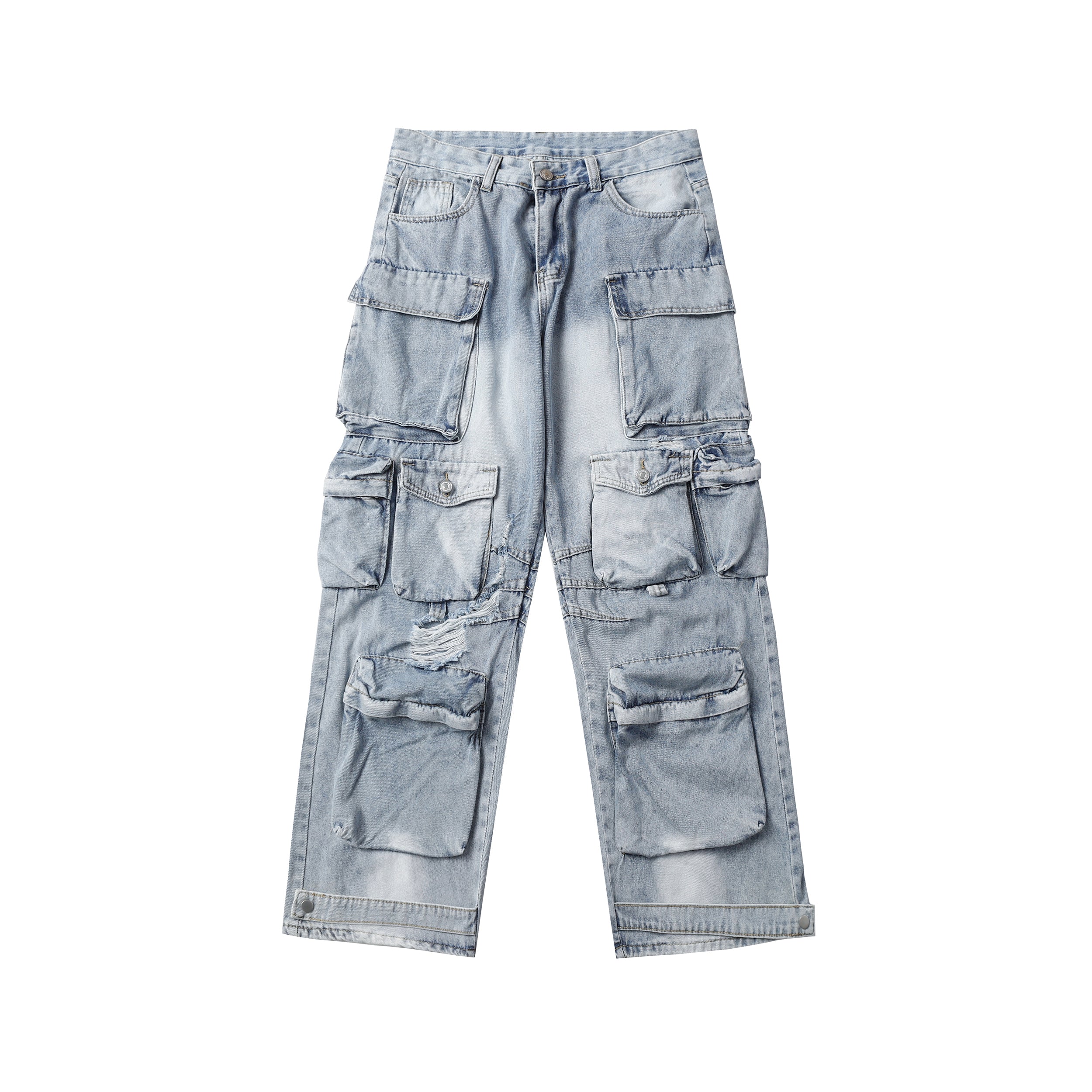 Front view of light blue distressed multi-pocket cargo denim pants with oversized utility pockets and relaxed straight-leg fi
