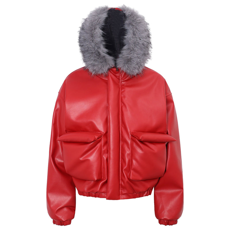 Faux Fur Hood PU Puffer Jacket | High-Gloss Street-Luxury