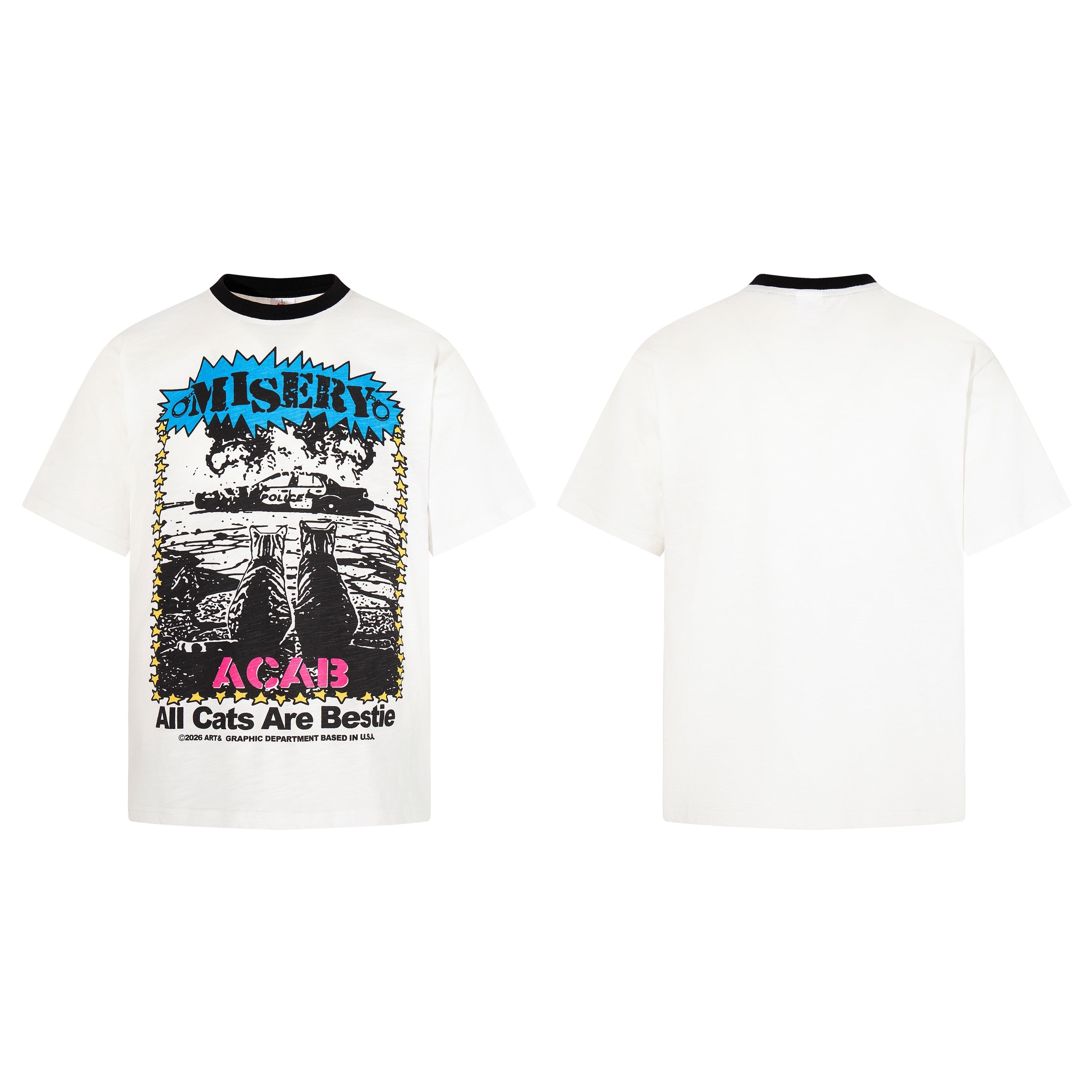 White ringer crew neck t-shirt with Misery cat and police car punk graphic print in blue, pink, and black