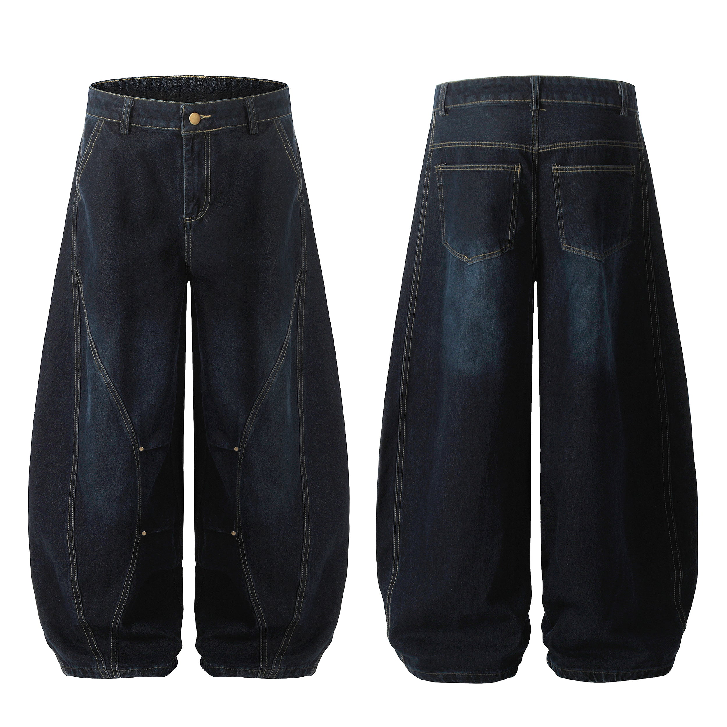 Front and back view of dark indigo barrel-fit jeans with curved 3D panel seams, contrast stitching, and elasticized cuffs