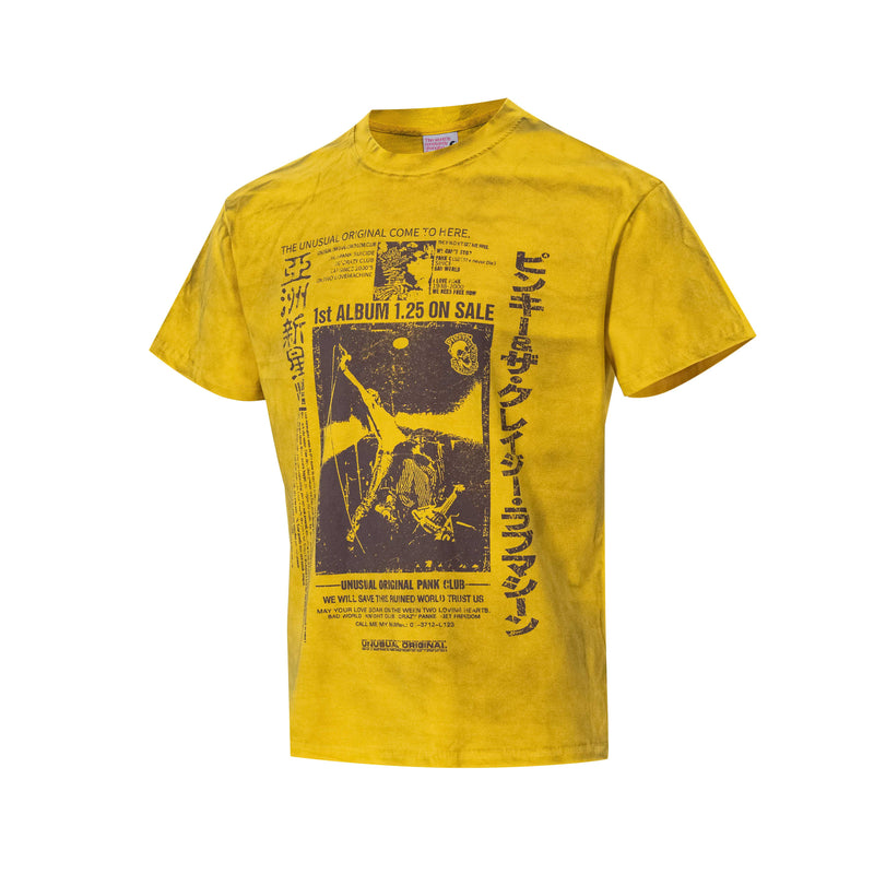 Yellow washed graphic tee with vintage punk album-style print and Japanese text on the front