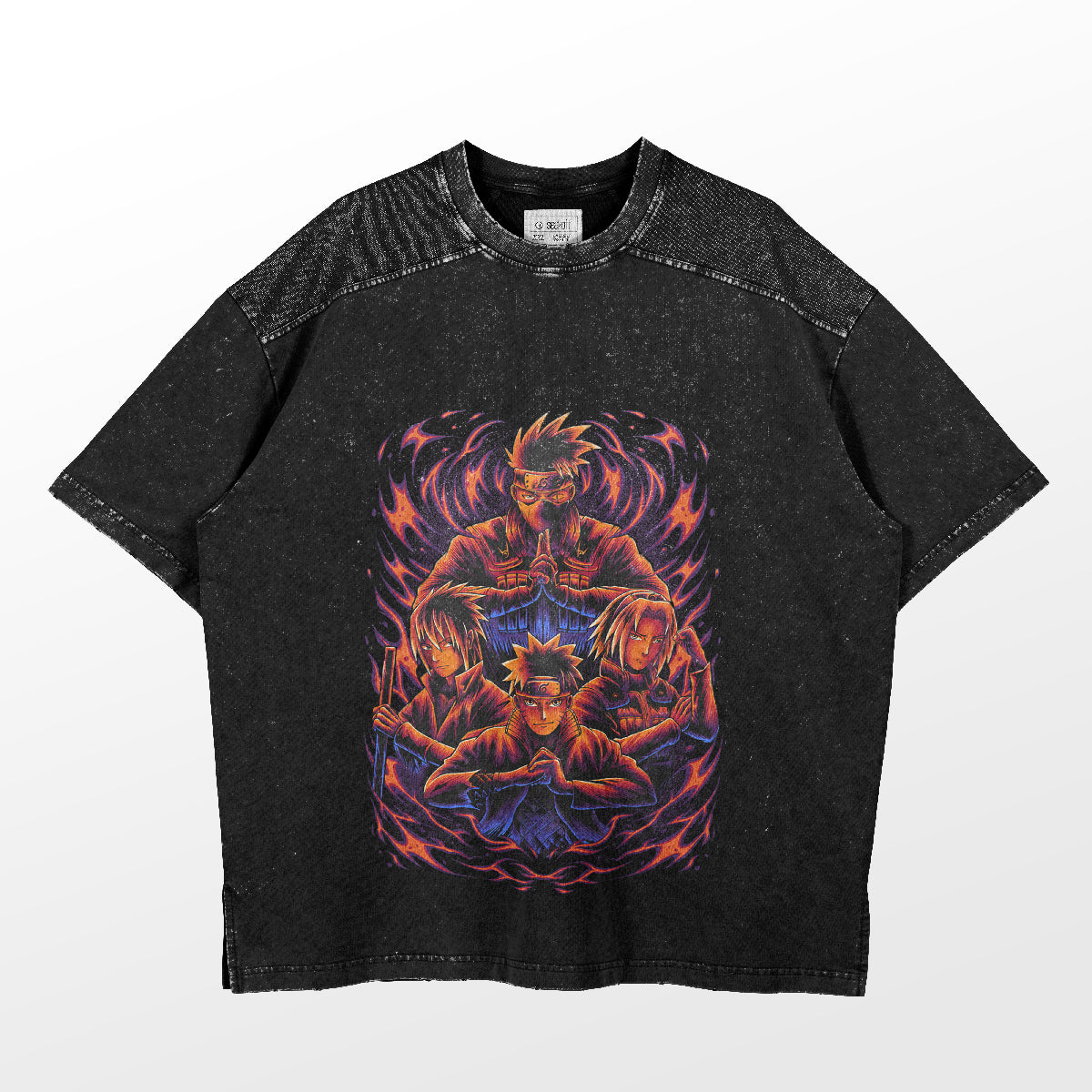 The Naruto Team Kakashi T-Shirt features a vibrant graphic of the team surrounded by flames, with a slightly worn texture and short sleeves, making it perfect for any anime enthusiast. This exclusive premium anime apparel is a must-have.