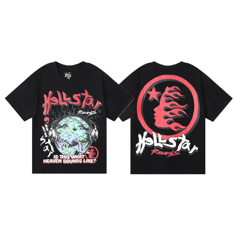 เสื้อเชิ้ต Hellstar Records-เสื้อยืด Hellstar สีดำ 250GSM สีดำพร้อมชุดรูปแบบการเล่นภาพหูฟังและเสียงเพลงของลูกโลก