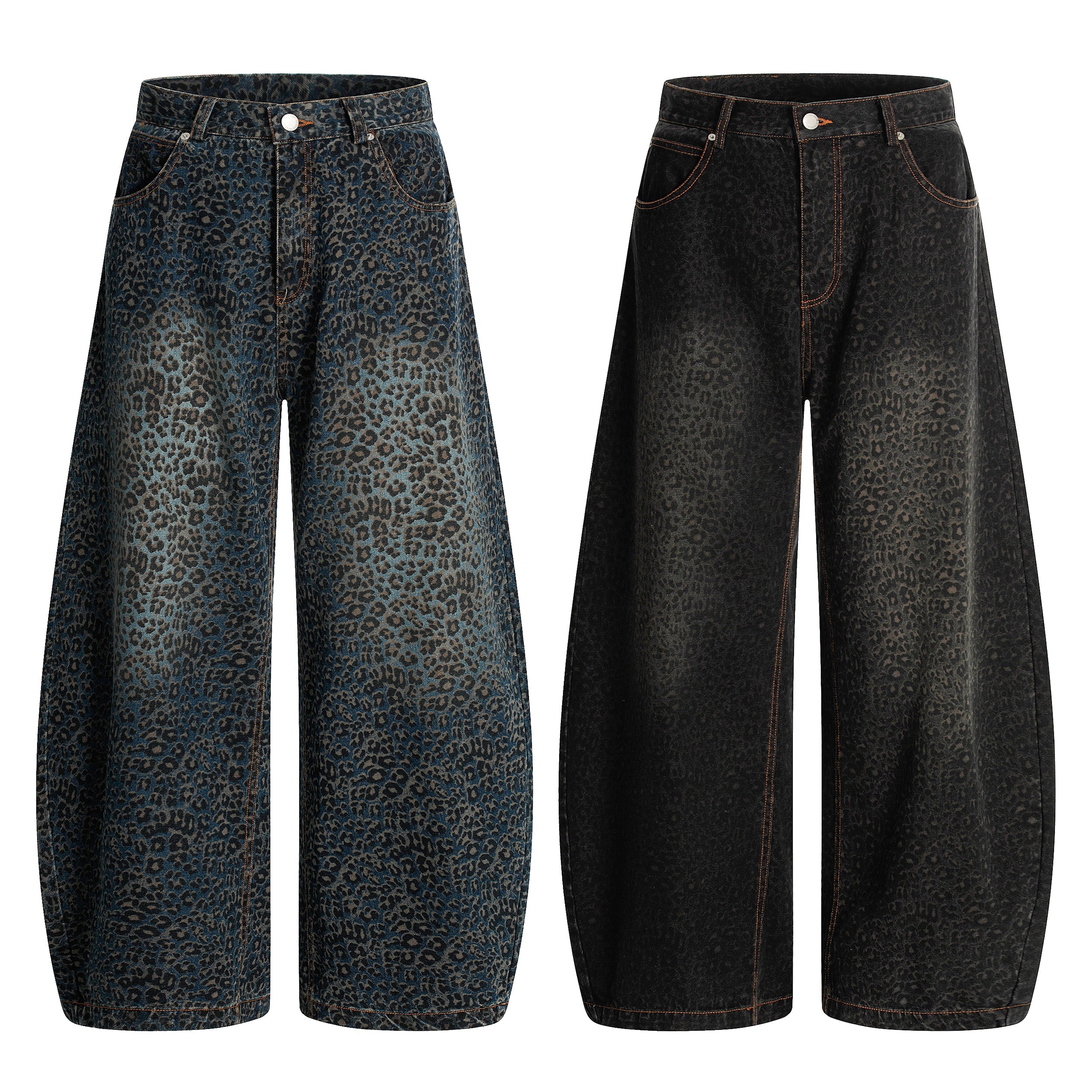 Faded blue leopard print barrel-leg jeans with wide silhouette, five-pocket design, and contrast orange stitching