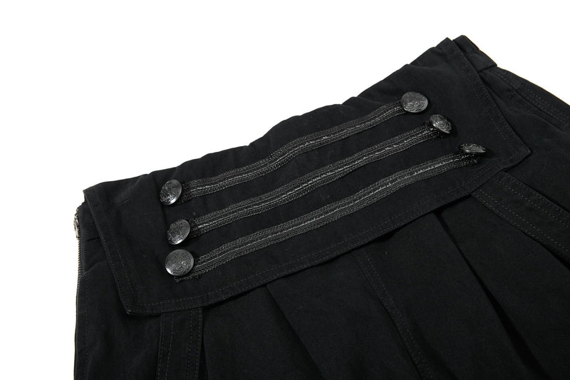 Angled close-up of black shorts waist panel with decorative button trim and pleated front