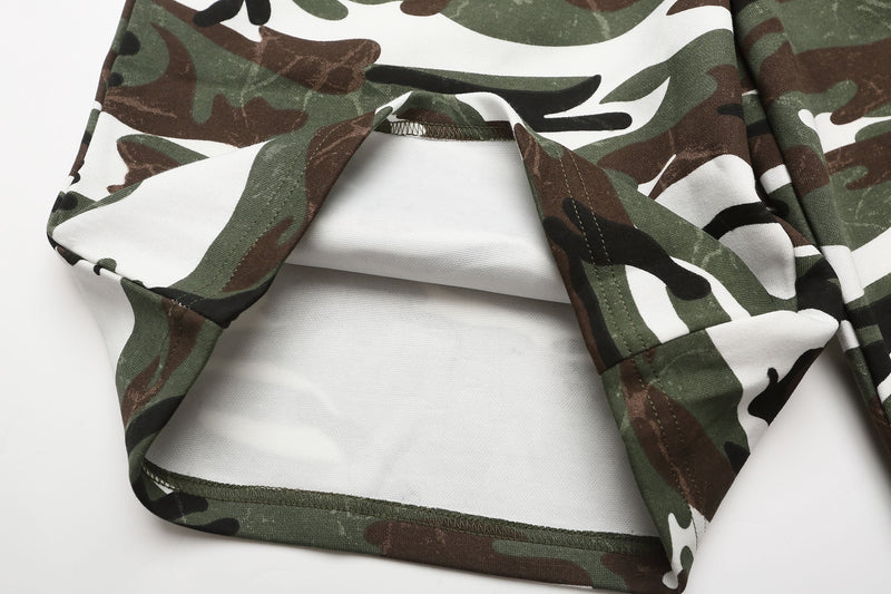 Close-up of camo shorts hem and side seam stitching