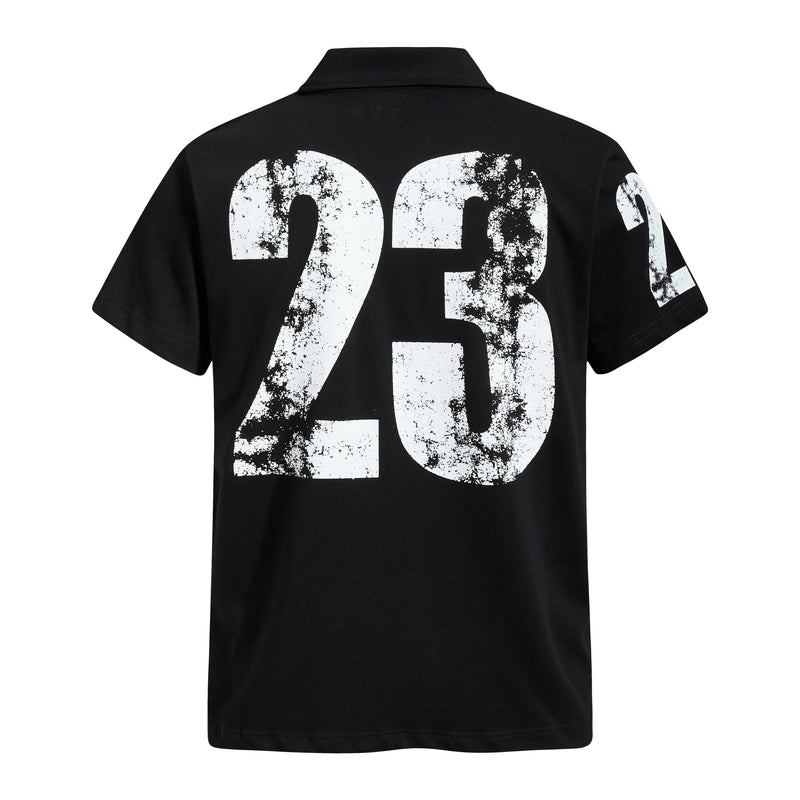Black polo tee with large distressed white 26 graphic on the back and short sleeves, streetwear style