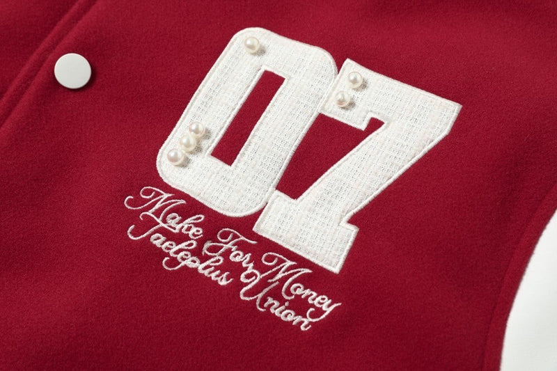 Pearl-Studded Varsity Jacket | Taeleplus More Money Design