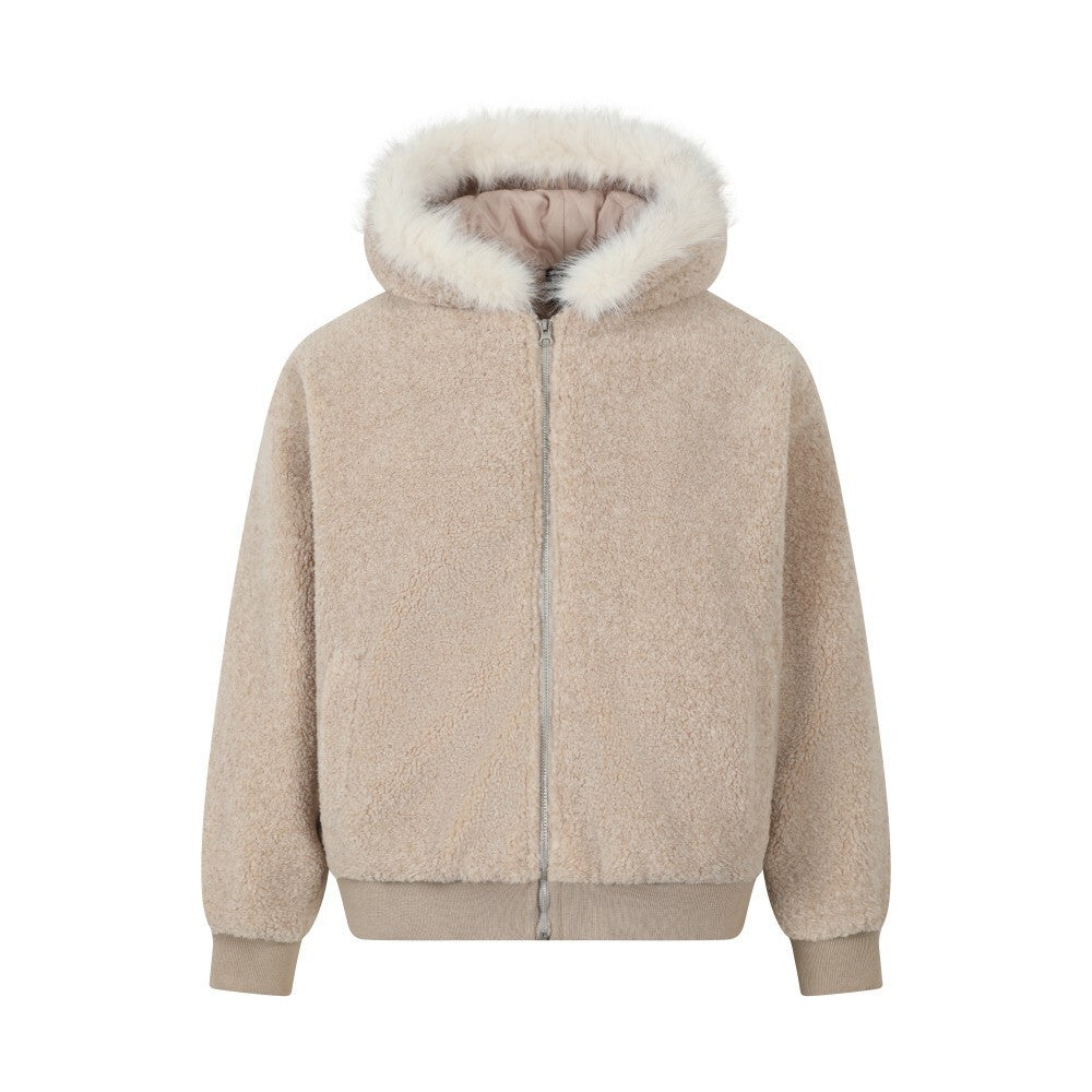 Faux Shearling Hooded Bomber Jacket with Fur Trim