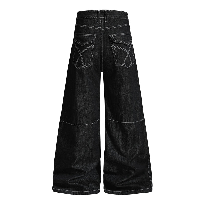 Black wide-leg denim pants, back view with stitched pocket panels