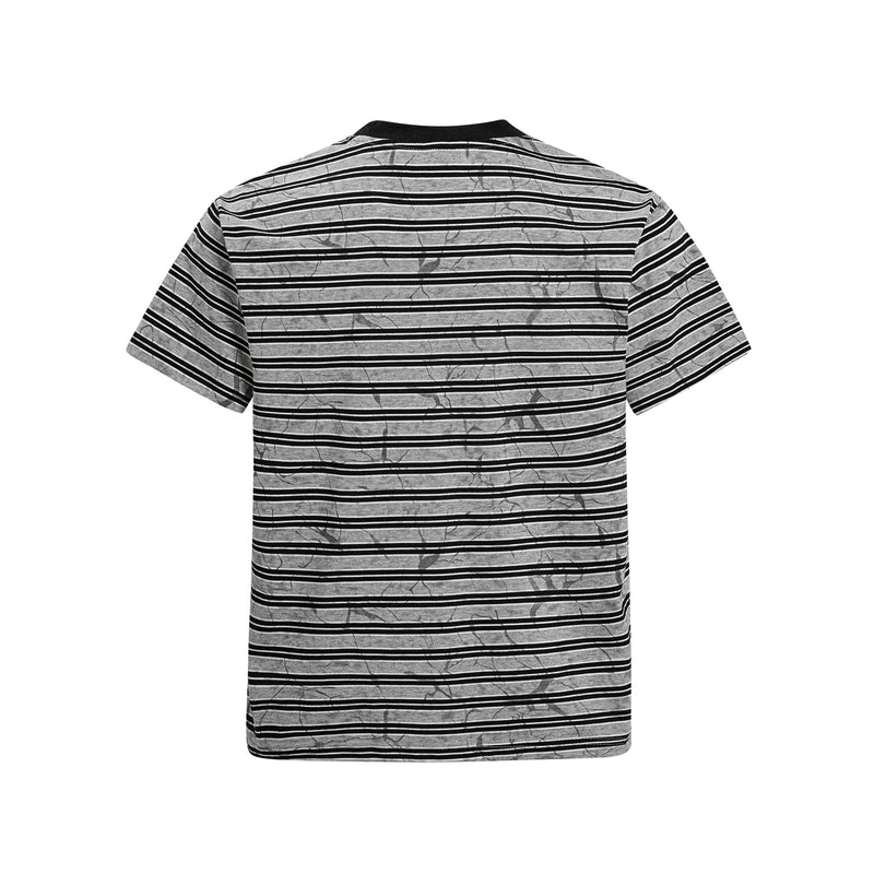 Black and gray striped streetwear T-shirt with graffiti-style cracked pattern and short sleeves on white background