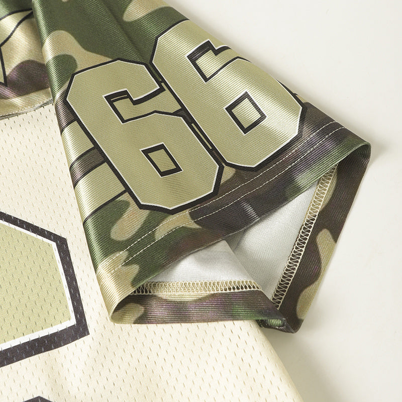 Camo performance football jersey with military-style star design and large number 66 on breathable mesh fabric