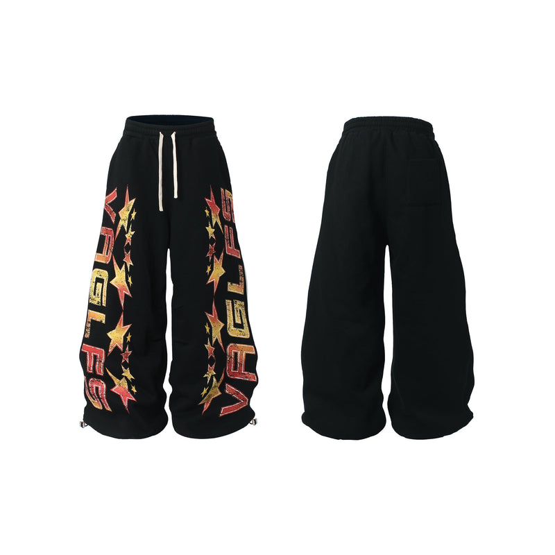 Fleece-Lined Glitter Star Wide-Leg Sweatpants | Y2K Street Style