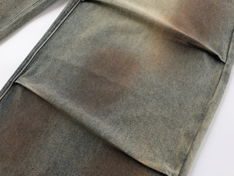Close-up of wide denim leg with vintage wash fading