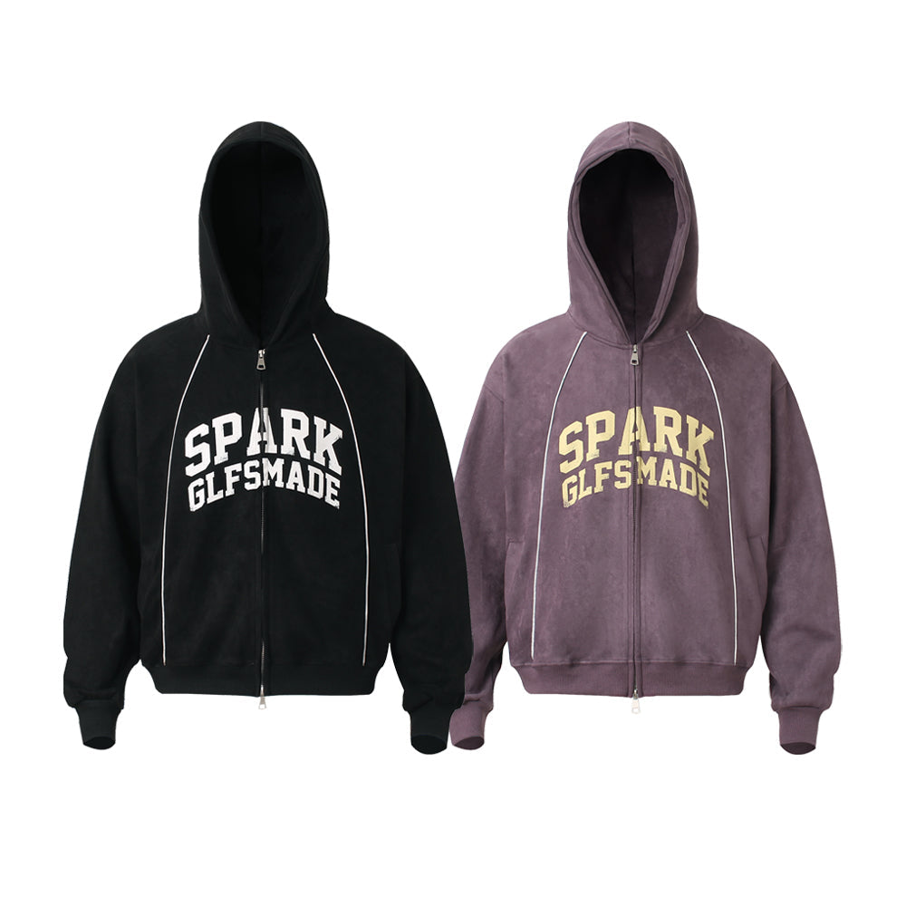 Black and mauve faux suede varsity zip hoodies with bold SPARK GLFSMADE lettering and contrast white piping