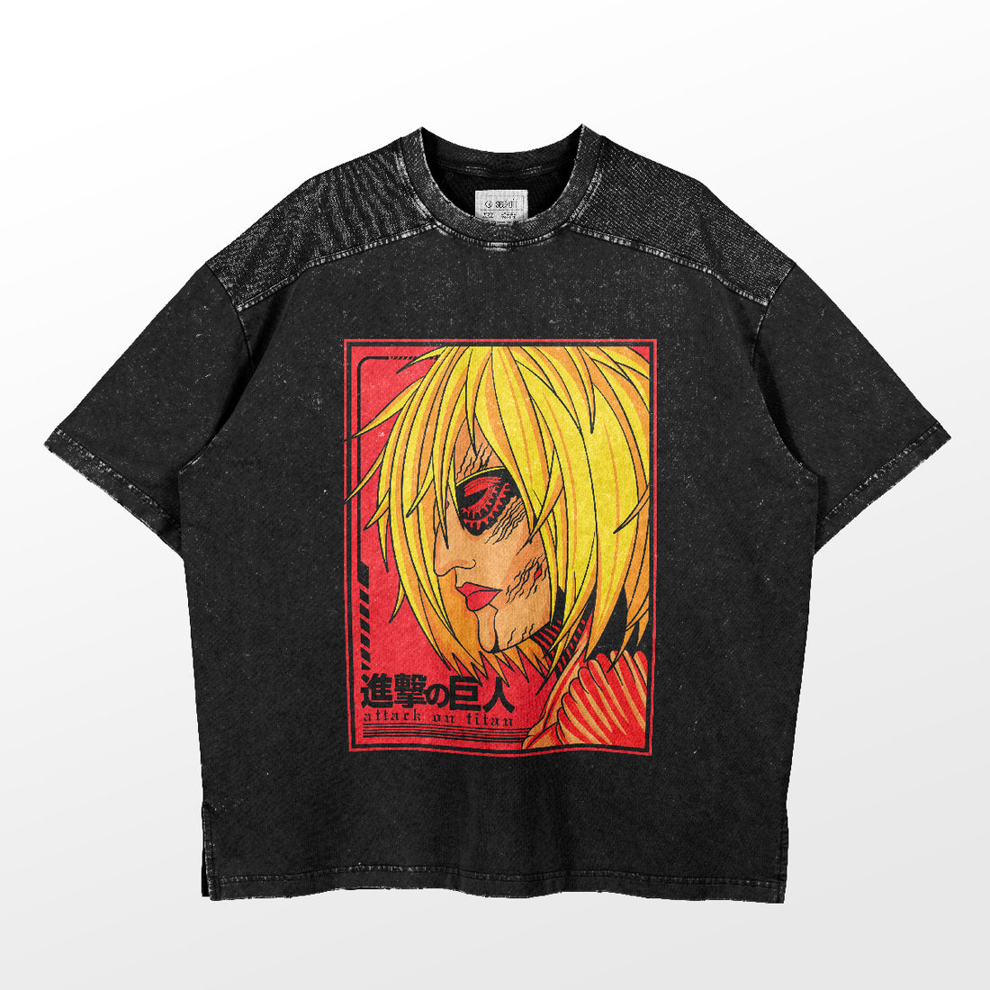 This black &quot;Annie Leonhart Female Titan T-Shirt&quot; by Attack on Titan features the iconic character with long blonde hair and red eyes against a vivid red background with Japanese text. Its speckled texture and short sleeves make it ideal for any Attack on Titan fan.